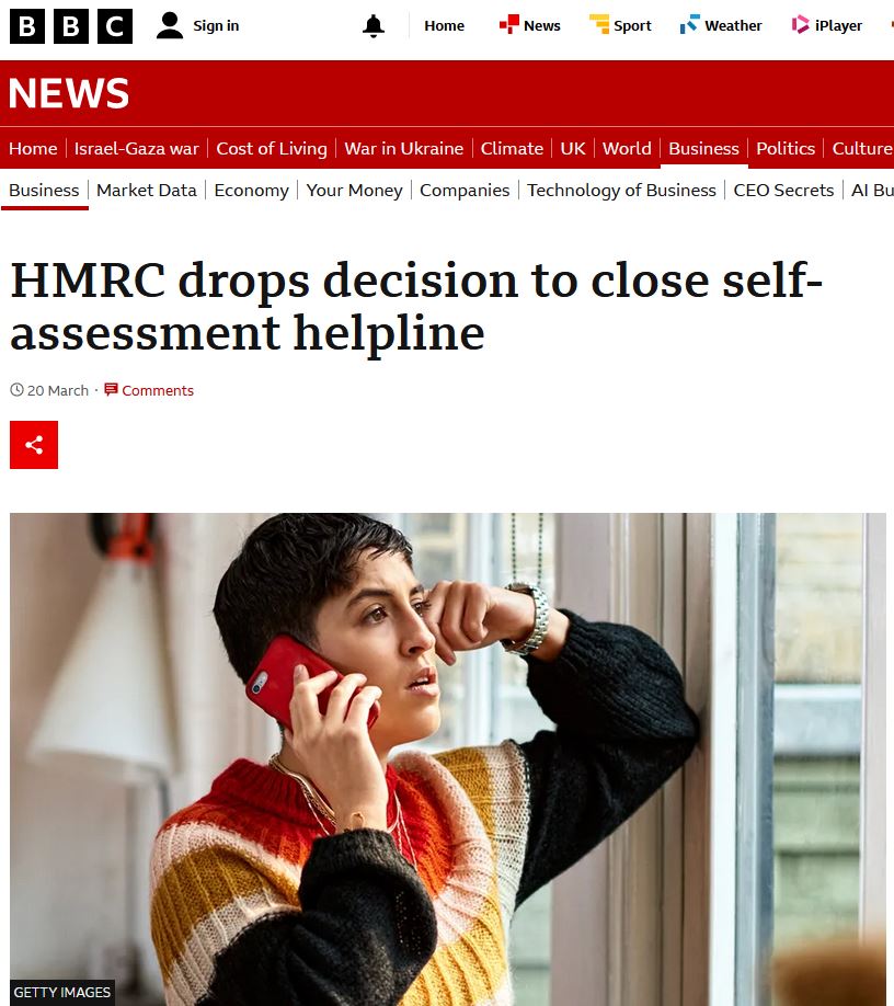 An image of a tax self-assessment news story from the BBC