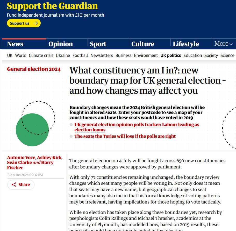 Image of a story from The Guardian about constituency boundary changes for the 2024 General Election
