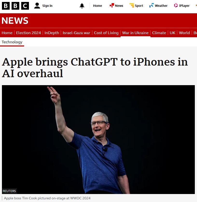 An image of the BBC News web page with a story about Apple adding ChatGPT to its iPhones in an AI upgrade
