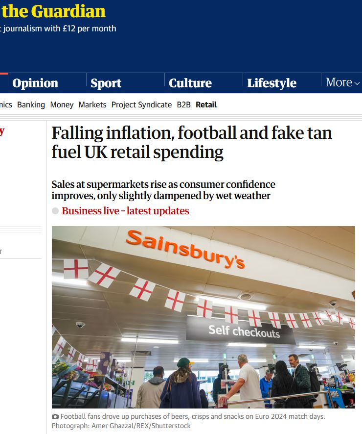 An image of the Guardian webpage with a Business News story about consumer confidence increasing