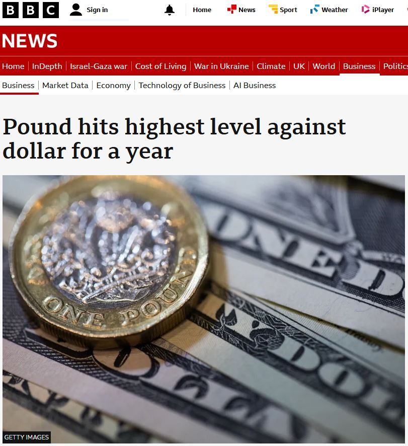An image of the BBC webpage for a Business News story about GBP strengthening against USD