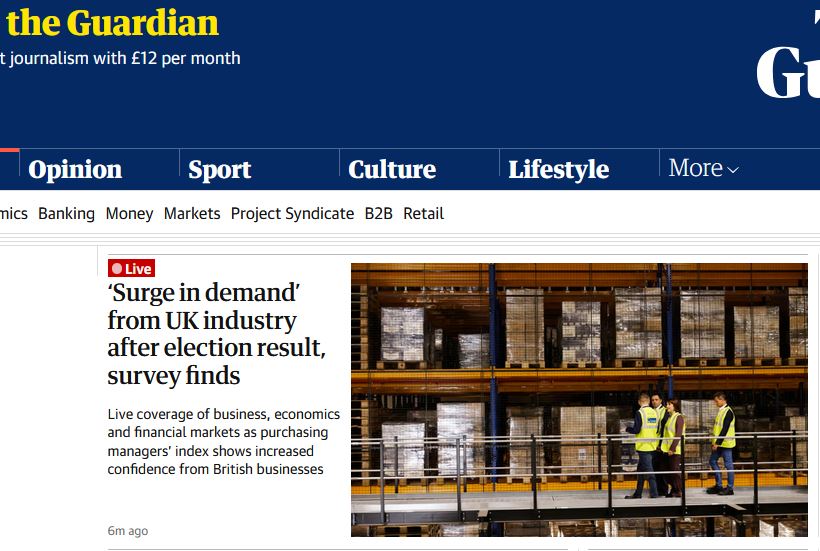 An image of the Guardian's business news story on increased confidence among British businesses.