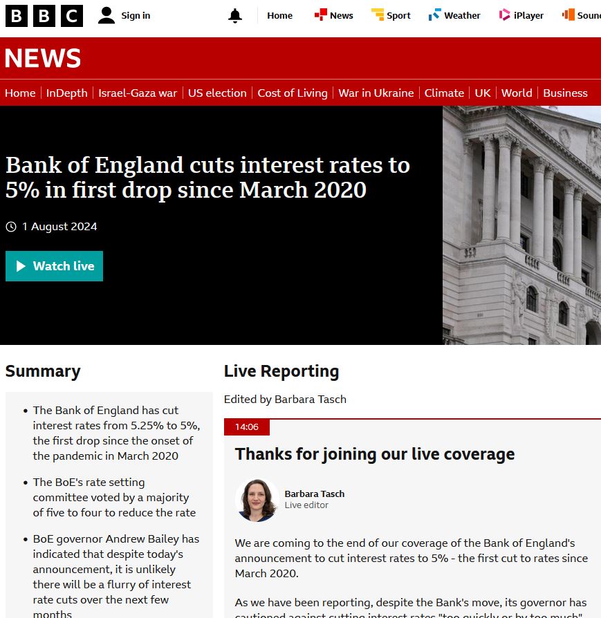 An image of the BBC webpage for a Business News story about the BoE cutting interest rates for the first time in 4 years