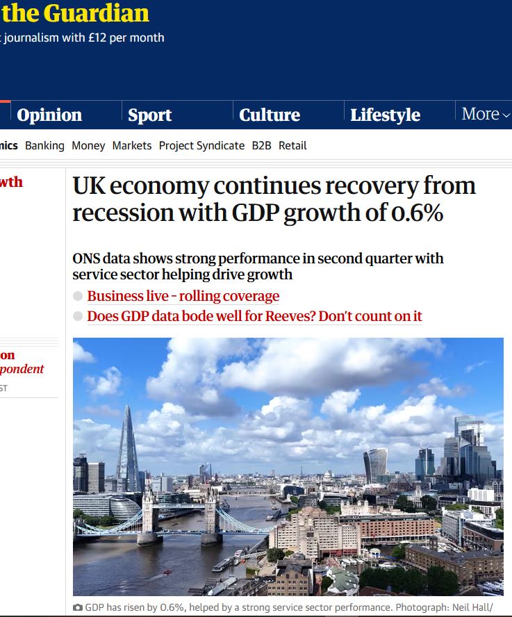 An image of the Guardian's business news story on latest ONS figures showing GDP growth of 0.6%