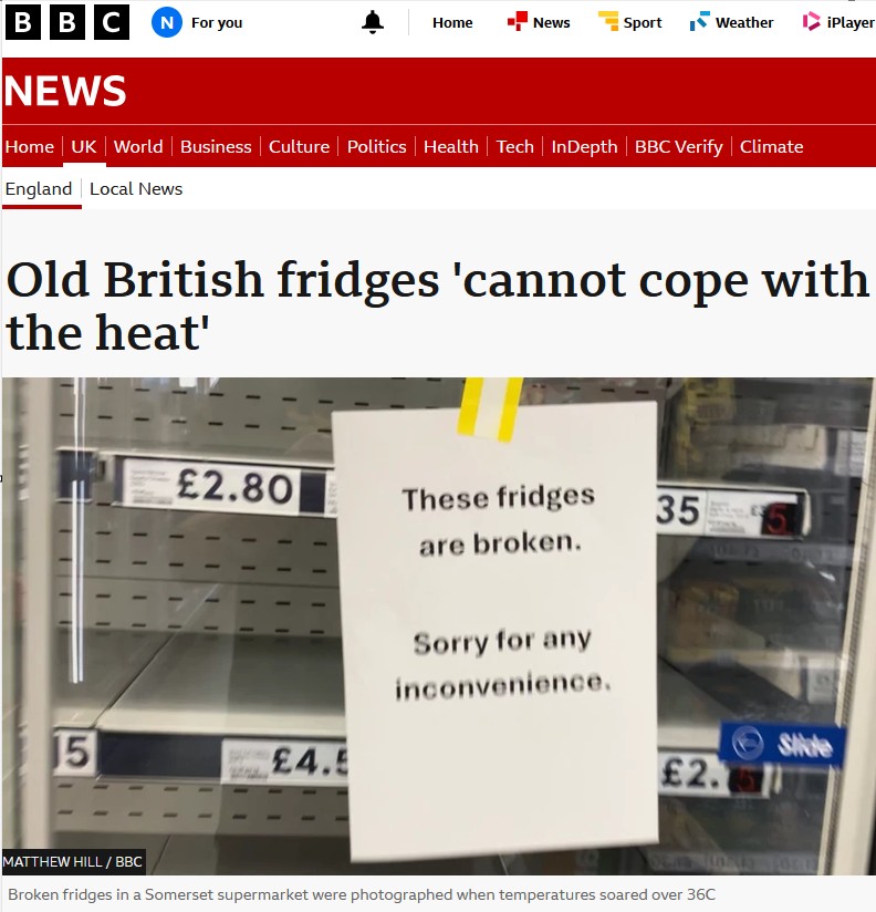 An image of a news story from the BBC website about supermarket fridges breaking down in a heatwave
