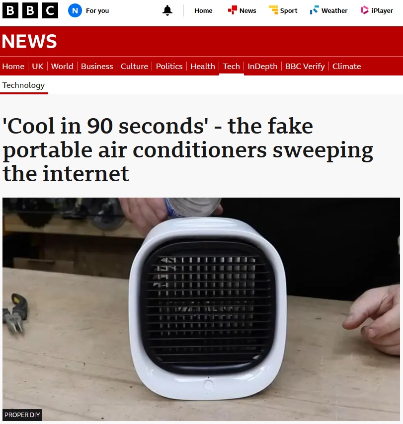 An image of a news story from the BBC website about the fake portable air conditioners being advertised online