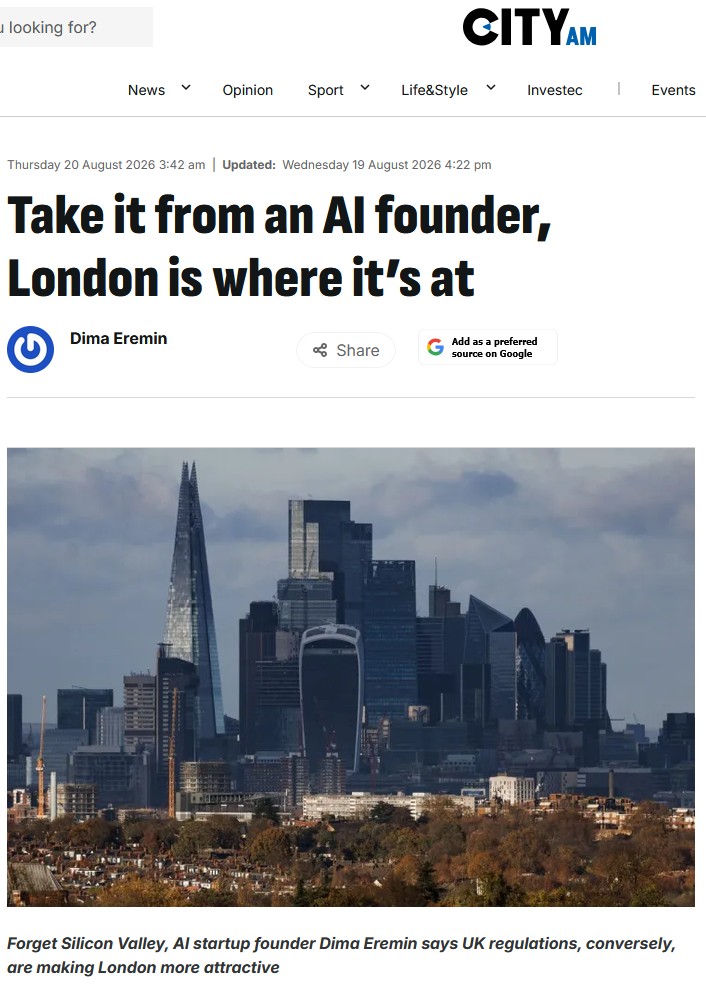 An image of a news story from the City AM website, reporting that London has advantages over Silicon Valley for entrepreneurs starting AI firms.
