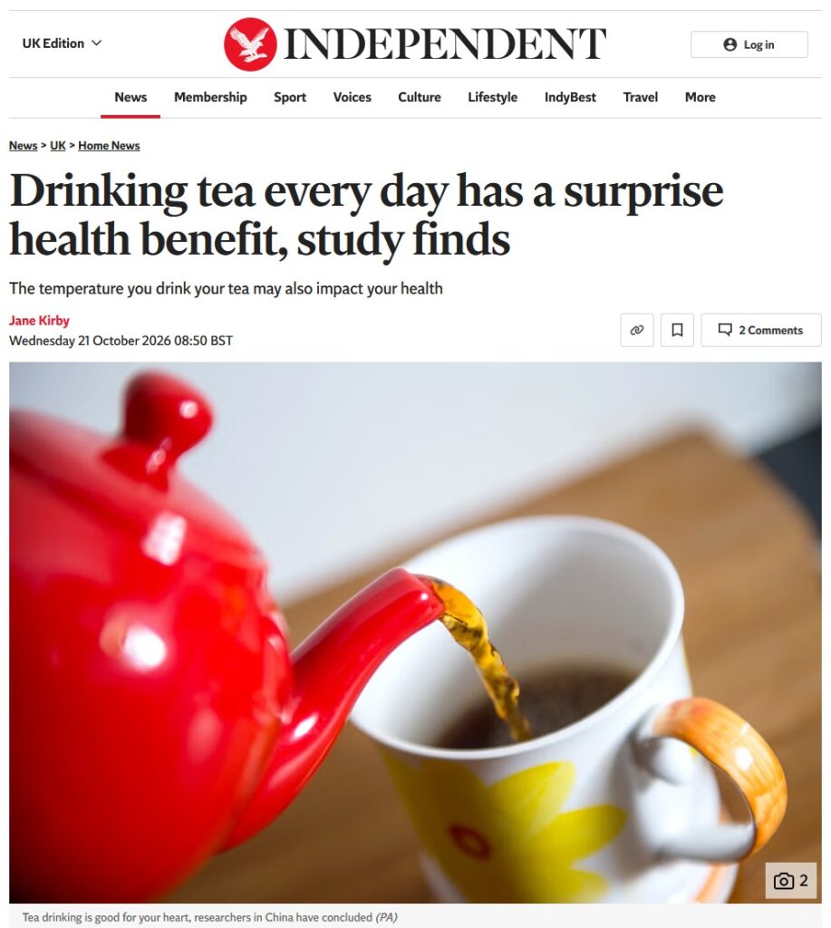 An image of a news story from the Independent reporting that drinking tea is good for heart health